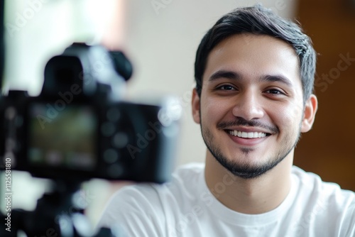 A person smiling while holding a camera, possibly a photographer or enthusiast