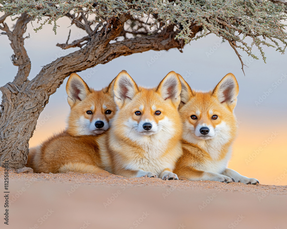 Animal kingdom rendering. Three wild dogs resting under tree in savannah, showcasing their beautiful fur and playful expressions. This serene moment captures essence of wildlife Animal kingdom rendering. Three wild dogs resting under tree in savannah, showcasing their beautiful fur and playful expressions. This serene moment captures essence of wildlife