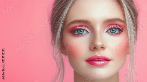 A woman with blue eyes and pink lips is wearing makeup. She has a pink background. Concept of beauty and confidence