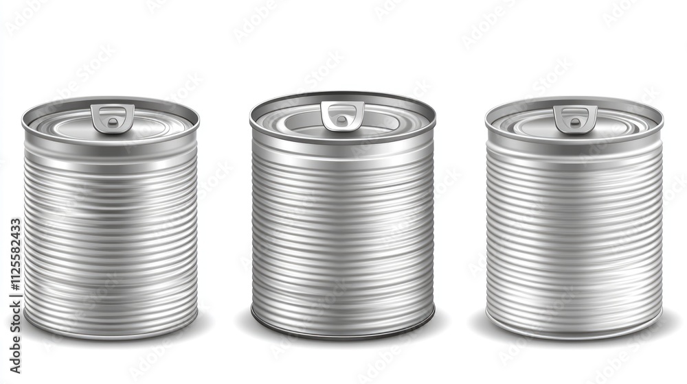 A simple composition of three metal cans on a clean white surface A simple composition of three metal cans on a clean white surface
