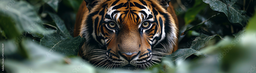Obraz premium Animal kingdom rendering. Intense closeup of tiger piercing eyes amidst lush green foliage, showcasing its powerful presence and fierce gaze