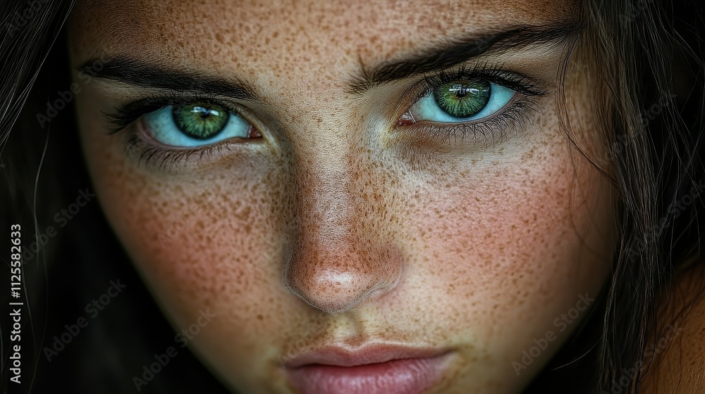 A woman with green eyes and a green nose stands in front of a camera. She has a green nose and green eyes, which make her stand out A woman with green eyes and a green nose stands in front of a camera. She has a green nose and green eyes, which make her stand out