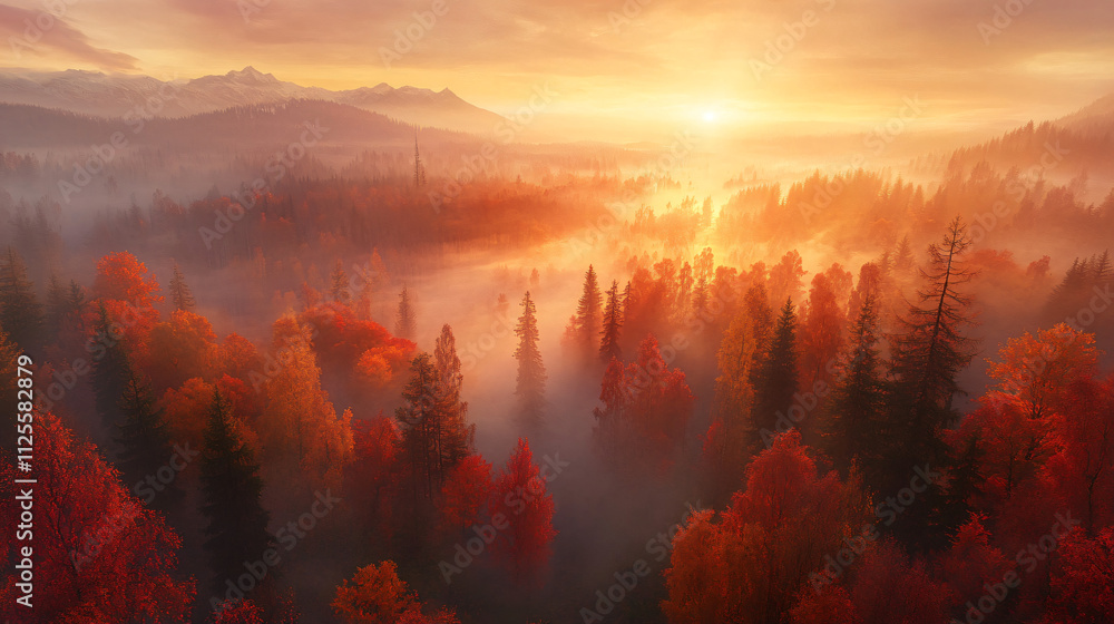 Sunrise casting soft light over misty autumn trees with fiery red and orange foliage Sunrise casting soft light over misty autumn trees with fiery red and orange foliage