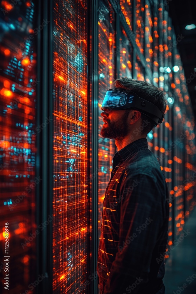 Fototapeta premium A person wearing a virtual reality headset in a modern data center environment