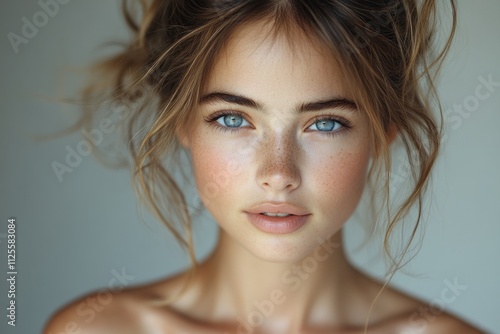 Portrait of a young woman with freckles on her face, suitable for personal or commercial use