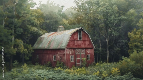 A rustic red barn surrounded by dense woods