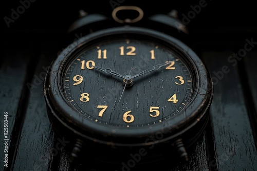 Wallpaper Mural A black clock sits on a wooden table, perfect for use in still life or design compositions Torontodigital.ca