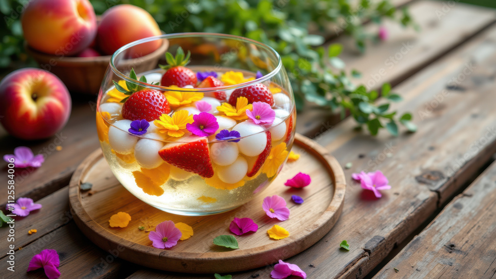 A glass of hwachae garnished with colorful flowers and fruits on a wooden table. A glass of hwachae garnished with colorful flowers and fruits on a wooden table.
