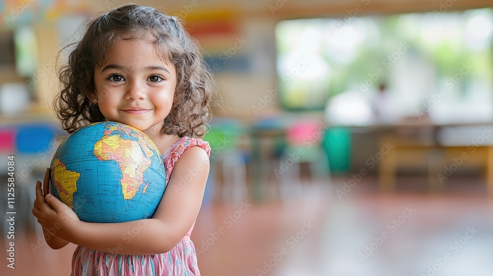 A young girl is holding a globe in her arms. She is smiling and she is happy A young girl is holding a globe in her arms. She is smiling and she is happy