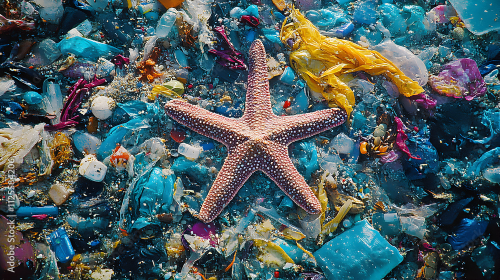A starfish amidst a sea of plastic pollution; a stark visual of environmental damage and ocean debris. A starfish amidst a sea of plastic pollution; a stark visual of environmental damage and ocean debris.