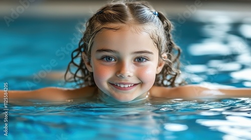 A young girl is smiling and looking at the camera while swimming in a pool. The water is clear and calm, and the girl is wearing a swimsuit