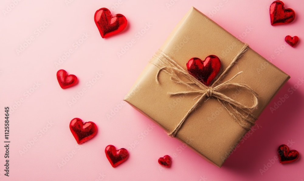 Fototapeta premium Valentine or mother day festive composition with gift or present box and red hearts on pastel pink background top view. Flat lay card.