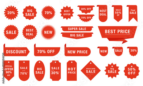 Big Vector set of promotional red labels and badges. Includes sale, discount, and special offer label collections. Vector illustration.