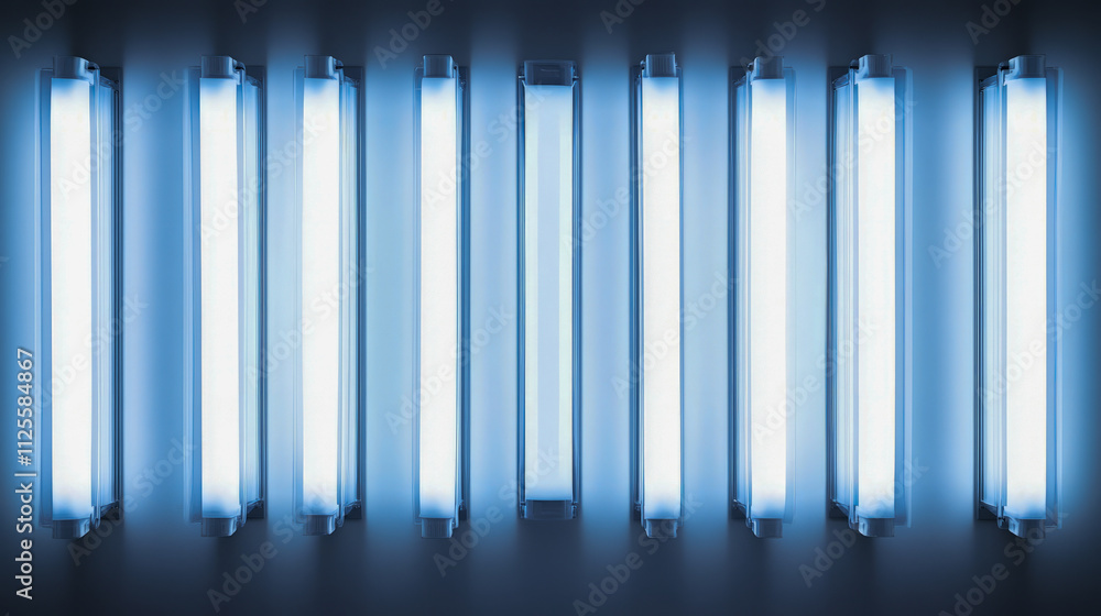 Symmetrical array of blue neon lights on dark wall Symmetrical array of blue neon lights on dark wall