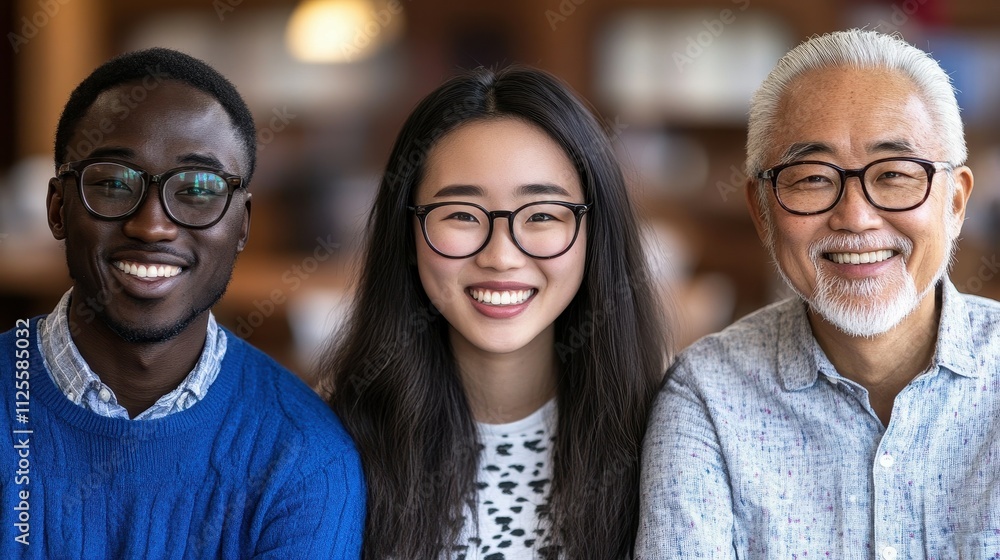 Three people are smiling for the camera. One of them is wearing glasses. The man is wearing a blue sweater