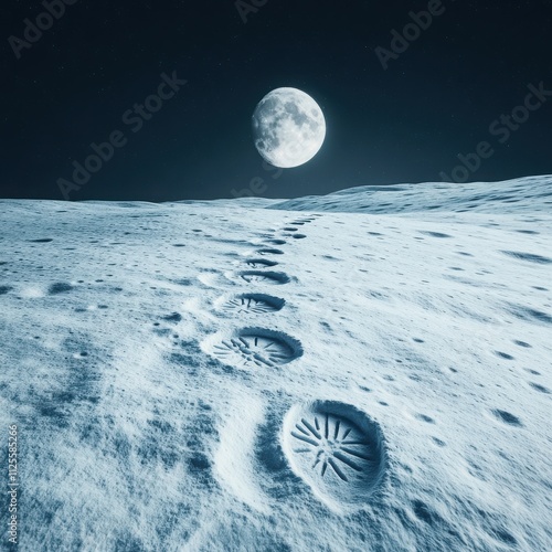 A serene landscape captured on the moon, featuring footprints in the lunar surface under a bright full moon. photo