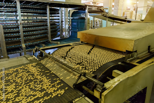 Automated production line of small salt cracker cookies. Oven and conveyor line machine