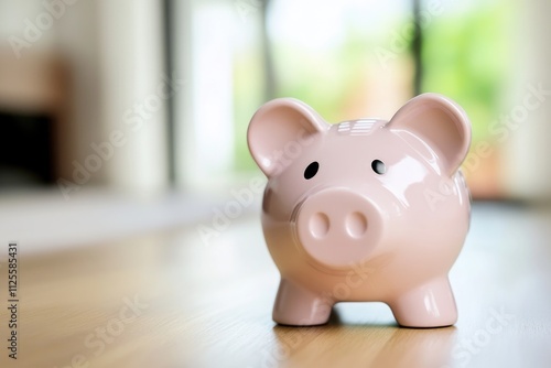 A pink piggy bank sits atop a wooden floor, perfect for storing coins and bills