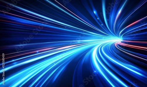 Vector Abstract, science, futuristic, energy technology concept. Digital image of light rays, stripes lines with blue light, speed and motion blur over dark blue background