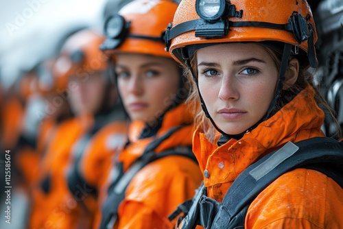 A group of women wearing orange jackets and helmets, likely engaged in an outdoor activity