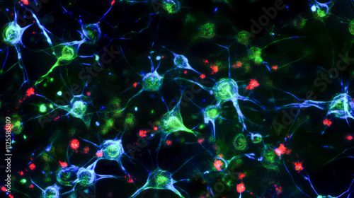 Fluorescent neurons network displaying synaptic activity in blue, green, and red photo