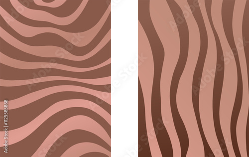 Abstract wavy psychedelic mocha backgrounds set. Vector illustration liquid stripes posters. Groovy vertical designs.