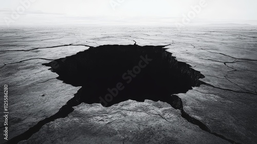 Large dark bottomless hole opening in cracked desert ground