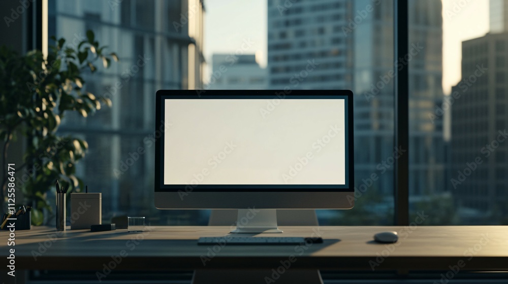 Modern Desktop Computer Setup Near City Window Modern Desktop Computer Setup Near City Window