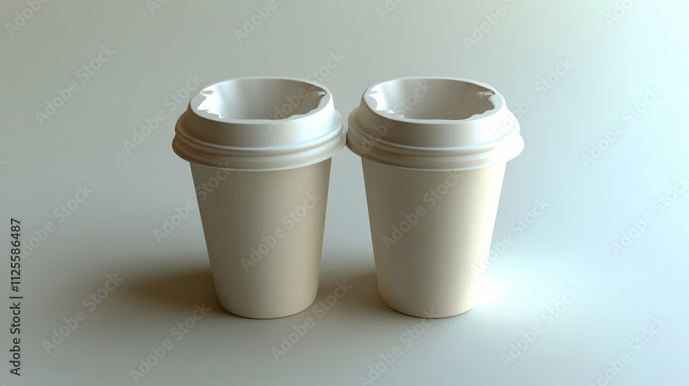 Two empty beige disposable coffee cups with white lids sit side-by-side on a white background. Perfect for concepts of minimalism, coffee shops, or takeout. Two empty beige disposable coffee cups with white lids sit side-by-side on a white background. Perfect for concepts of minimalism, coffee shops, or takeout.