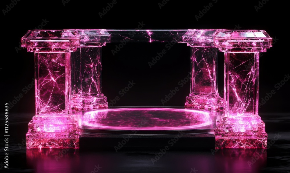 For game UX design, a hologram podium with a pink neon glow effect set against a black background. A fashionable fantasy digital technology stage with lifelike holograms. For game UX design, a hologram podium with a pink neon glow effect set against a black background. A fashionable fantasy digital technology stage with lifelike holograms.