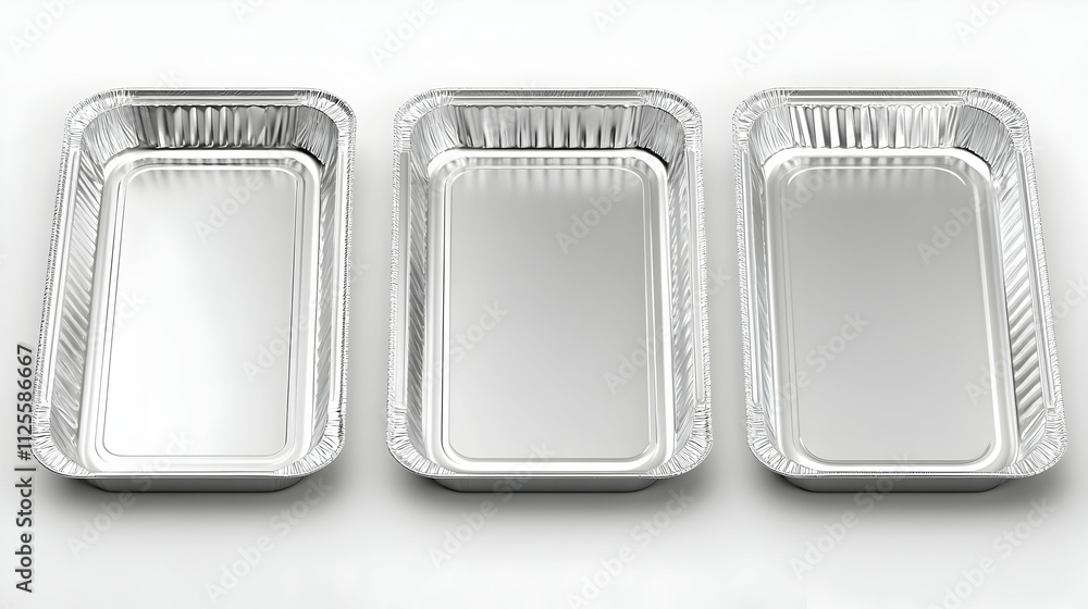 Three empty aluminum foil baking pans arranged in a row on a white background. Ideal for food preparation, baking, or catering. Three empty aluminum foil baking pans arranged in a row on a white background. Ideal for food preparation, baking, or catering.