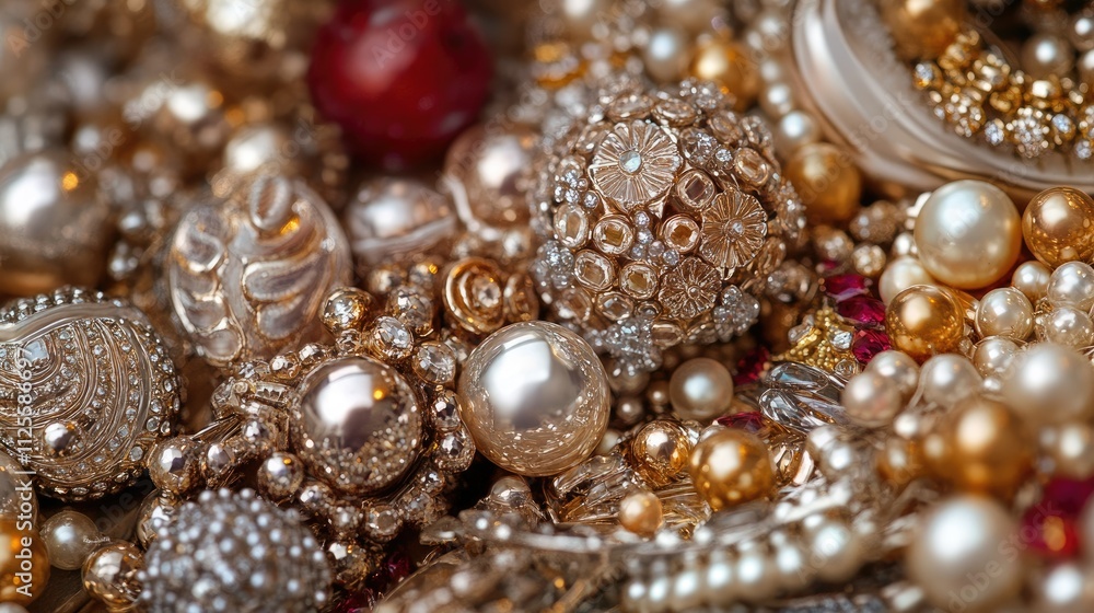 Close-up of various gold, pearl, and red beads. Close-up of various gold, pearl, and red beads.