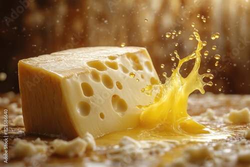 A slice of cheese with a splash of liquid, perfect for food or beverage illustrations photo