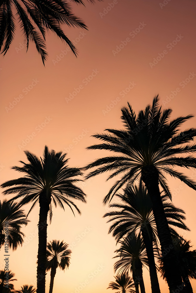 A line of tall, graceful palm trees swaying in a gentle breeze, set against a warm, pastel-colored sky during golden hour. The textures of the trunks and fronds are in sharp focus A line of tall, graceful palm trees swaying in a gentle breeze, set against a warm, pastel-colored sky during golden hour. The textures of the trunks and fronds are in sharp focus