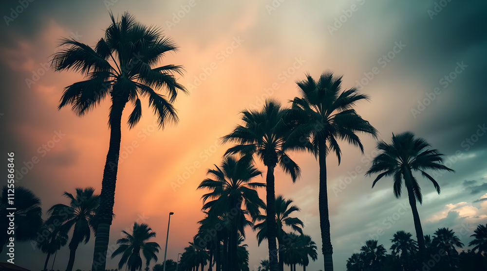 A line of tall, graceful palm trees swaying in a gentle breeze, set against a warm, pastel-colored sky during golden hour. The textures of the trunks and fronds are in sharp focus A line of tall, graceful palm trees swaying in a gentle breeze, set against a warm, pastel-colored sky during golden hour. The textures of the trunks and fronds are in sharp focus