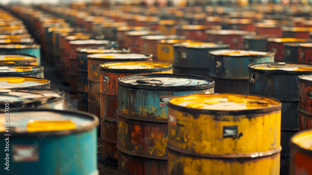 Colorful rusted metal barrels arranged in industrial setting Colorful rusted metal barrels arranged in industrial setting