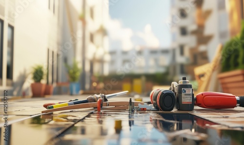 Professional handyman tools laid out on a surface with a blurred background of a home repair or construction site.