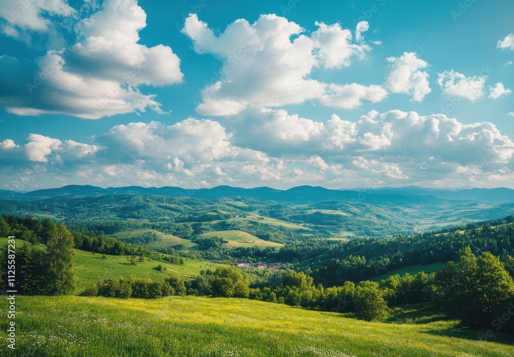 Scenic Landscape of Rolling Green Hills Under a Bright Blue Sky with Fluffy Clouds and Majestic Mountains in the Background Capturing Nature's Beauty in Daylight Scenic Landscape of Rolling Green Hills Under a Bright Blue Sky with Fluffy Clouds and Majestic Mountains in the Background Capturing Nature's Beauty in Daylight