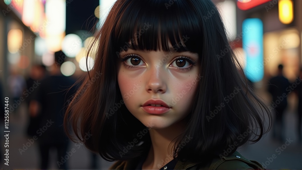 A young woman with dark hair and a leather jacket stands in a vibrant city street at night. Generative, AI, A young woman with dark hair and a leather jacket stands in a vibrant city street at night. Generative, AI,