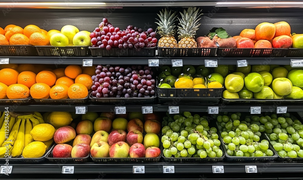 vibrant display of fresh organic fruits in supermarket, colorful assortment of apples, oranges, bananas, grapes, pineapples, lemons, healthy food shopping concept vibrant display of fresh organic fruits in supermarket, colorful assortment of apples, oranges, bananas, grapes, pineapples, lemons, healthy food shopping concept