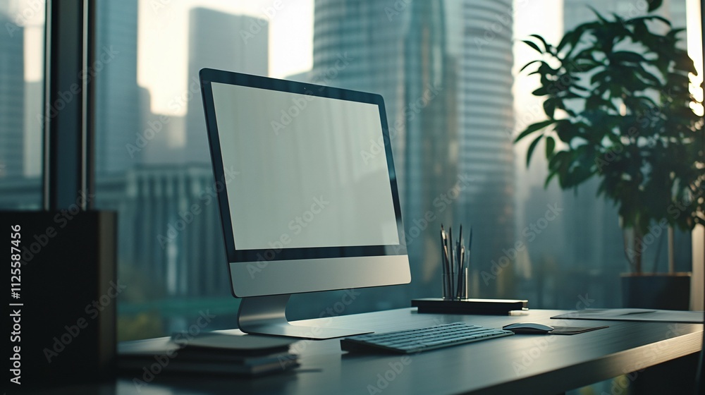 Modern Office Desk with Computer and City View Modern Office Desk with Computer and City View
