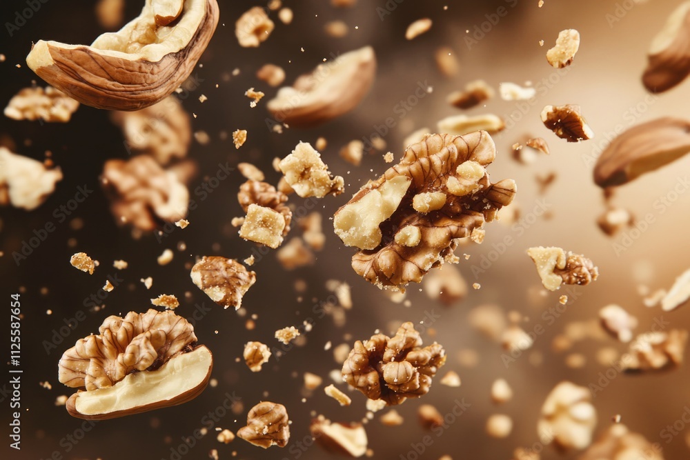 A group of nuts flying through the air A group of nuts flying through the air