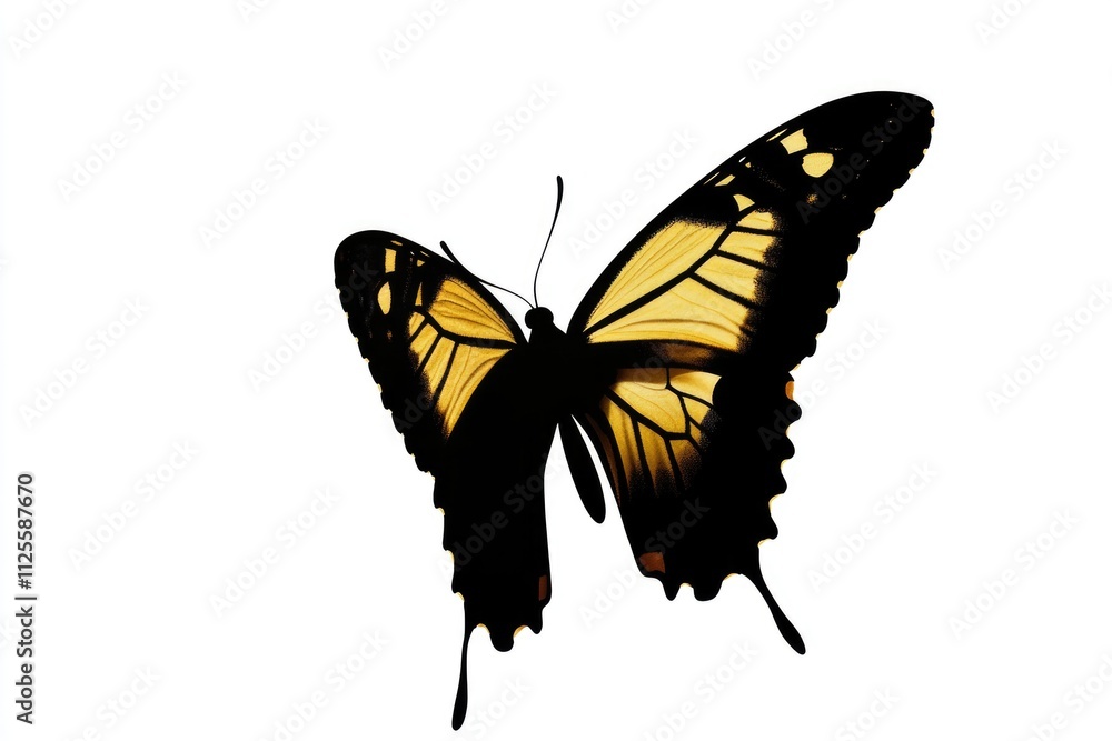 Close-up of a yellow and black butterfly perched on a white background, ideal for use in illustrations or as a design element Close-up of a yellow and black butterfly perched on a white background, ideal for use in illustrations or as a design element