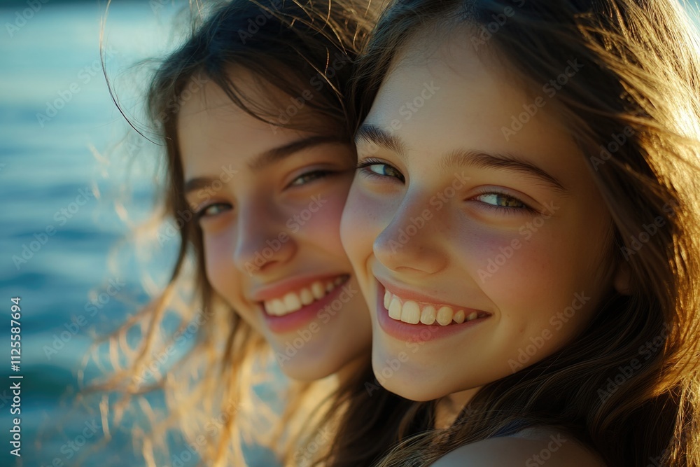 Two young women standing side by side, smiling and laughing Two young women standing side by side, smiling and laughing
