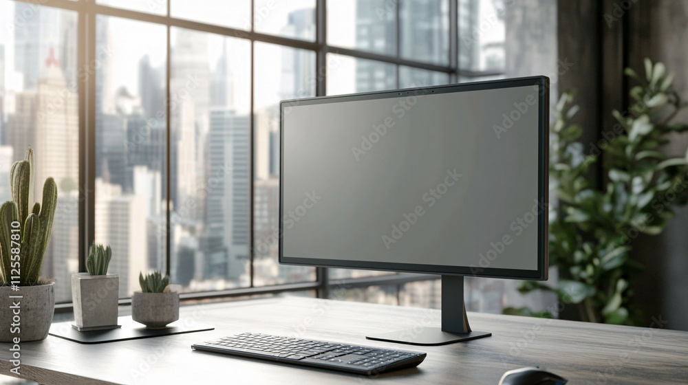 Modern Computer Setup With City View Background Modern Computer Setup With City View Background