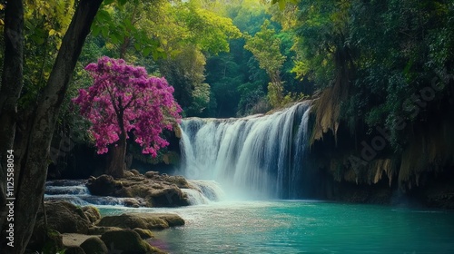 Serene Waterfall Cascading in Lush Tropical Paradise