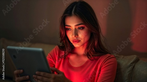 young woman with a tablet at night