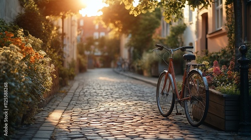 Sunset illuminates a cobblestone street with a bicycle parked near vibrant flowers.