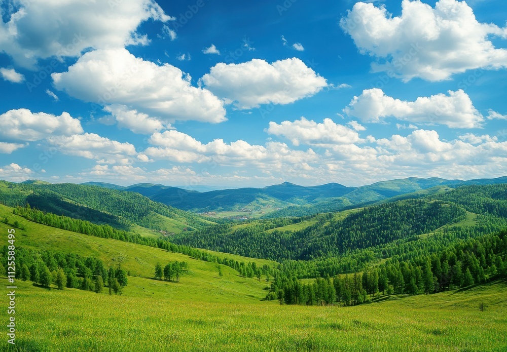 Serene Landscape Featuring Lush Green Hills, Majestic Mountains, Blue Sky, and Fluffy White Clouds on a Bright Sunny Day in a Picturesque Natural Setting Serene Landscape Featuring Lush Green Hills, Majestic Mountains, Blue Sky, and Fluffy White Clouds on a Bright Sunny Day in a Picturesque Natural Setting