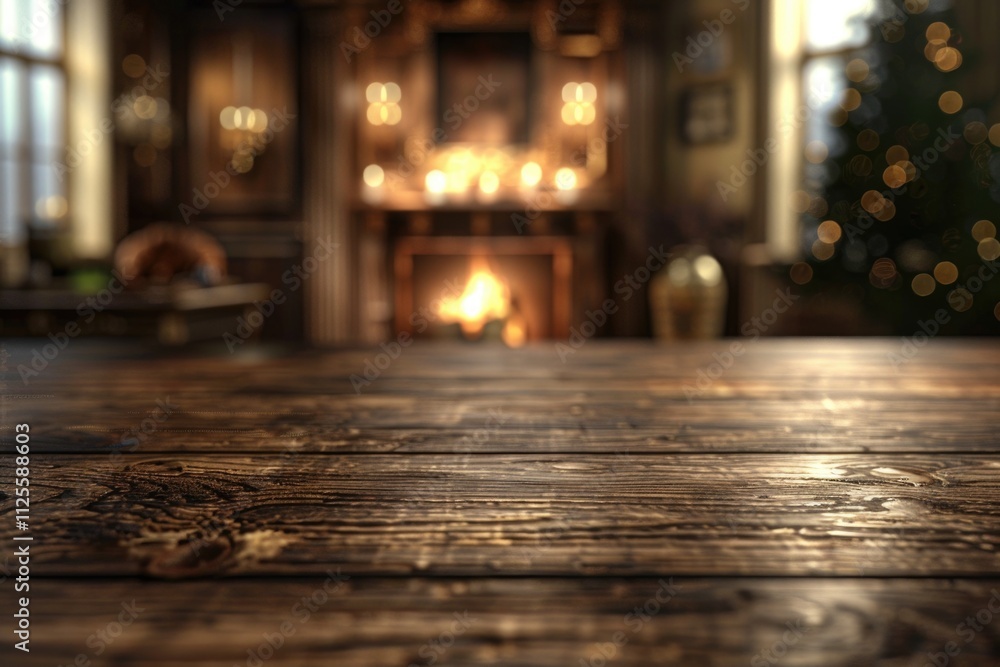A Christmas tree stands tall behind a wooden table, perfect for holiday decorations and gatherings A Christmas tree stands tall behind a wooden table, perfect for holiday decorations and gatherings